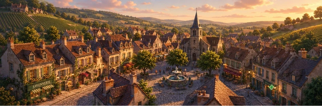 Der Dorfplatz mit Brunnen und Kirche in Burgund